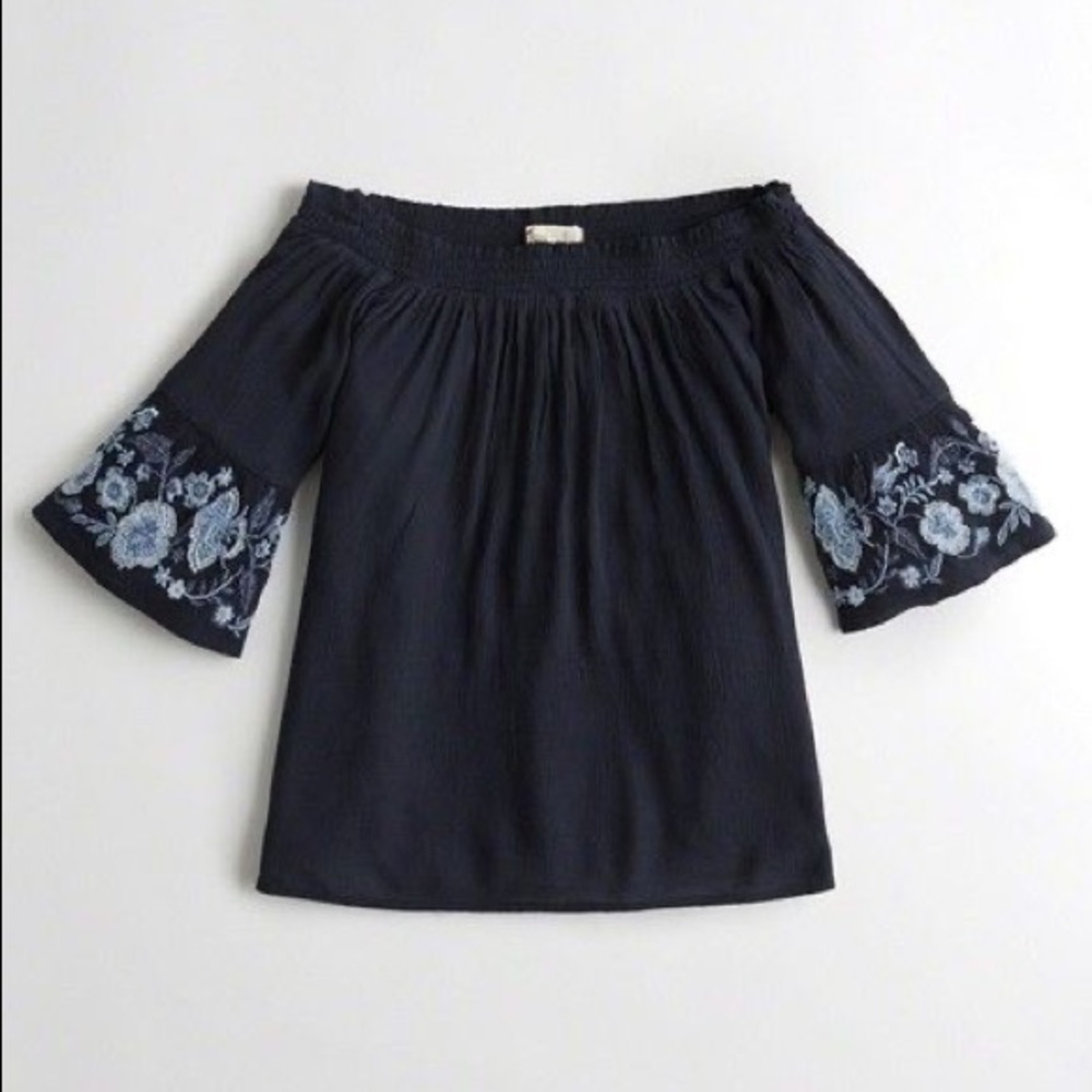 Hollister Navy Floral Embroidered Smocked Off the Shoulder Bell Sleeve Top